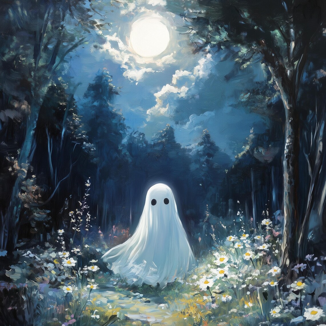 Sweet Little Ghost in a Moonlit Forest of Wildflowers Poster - Image 3