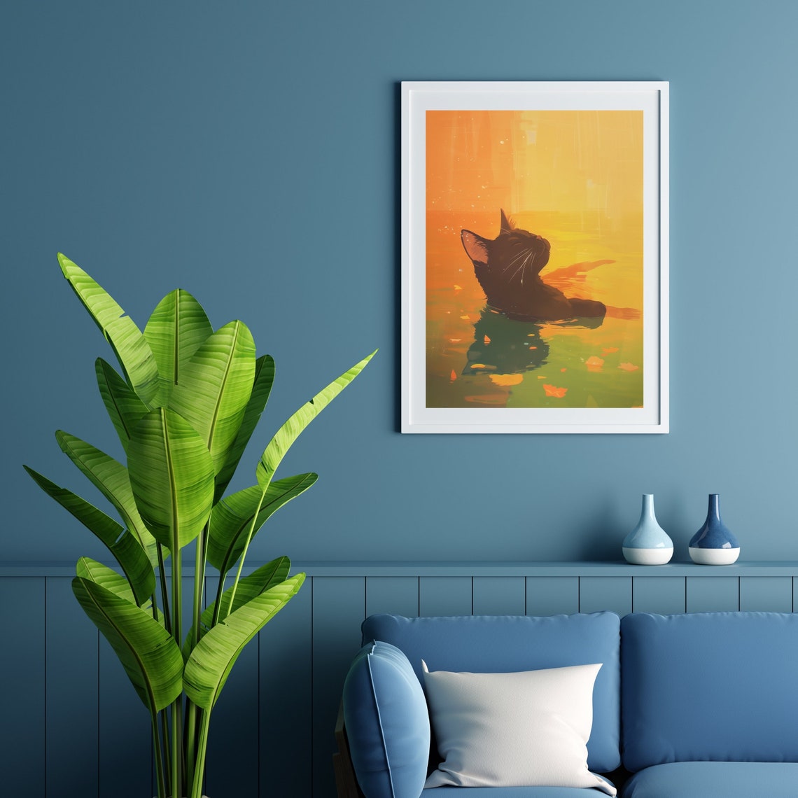 Black Cat Bathing In Golden Water Serene Sunset Abstract Cat Poster - Image 2