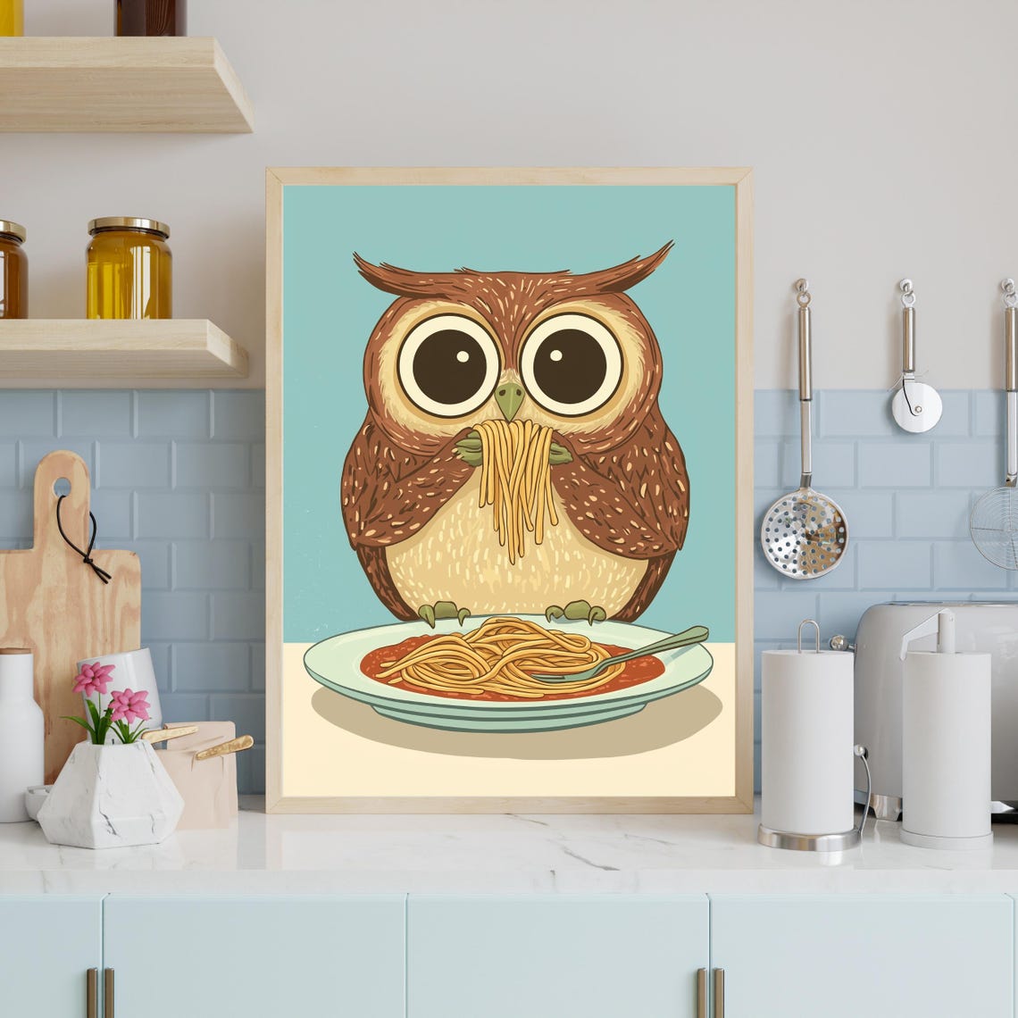 Adorable Wide Eyed Owl Slurping Spaghetti Retro Kitchen Poster - Image 2