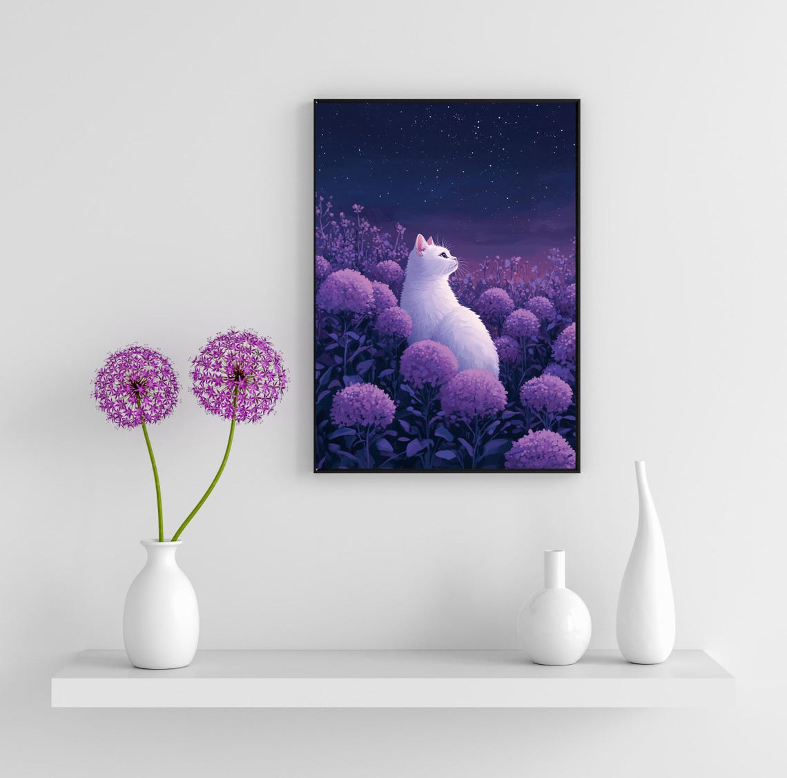 White Cat Among Purple Flowers Under A Starry Night Sky Art Poster - Image 3