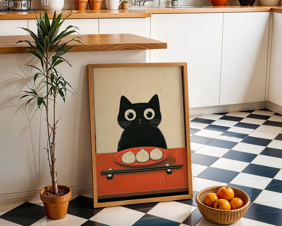 Japan Cat Illustration Print, Minimalist Kitchen Decor - Image 2