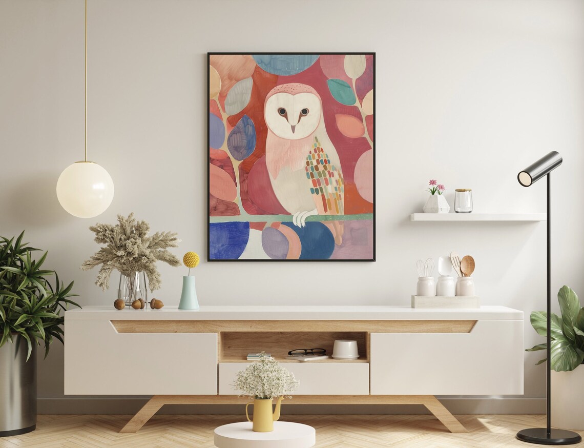 Colorful Owl Art Oil Painting Wildlife Art Owl Love Art Abstract Owl Owl Poster Gift For Owl Lovers Pink Prints - Image 2