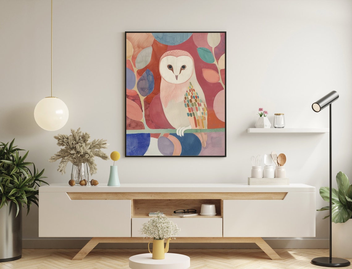 White Barn Owl Folk Art Poster Perched Owl Colorful Abstract Foliage - Image 2