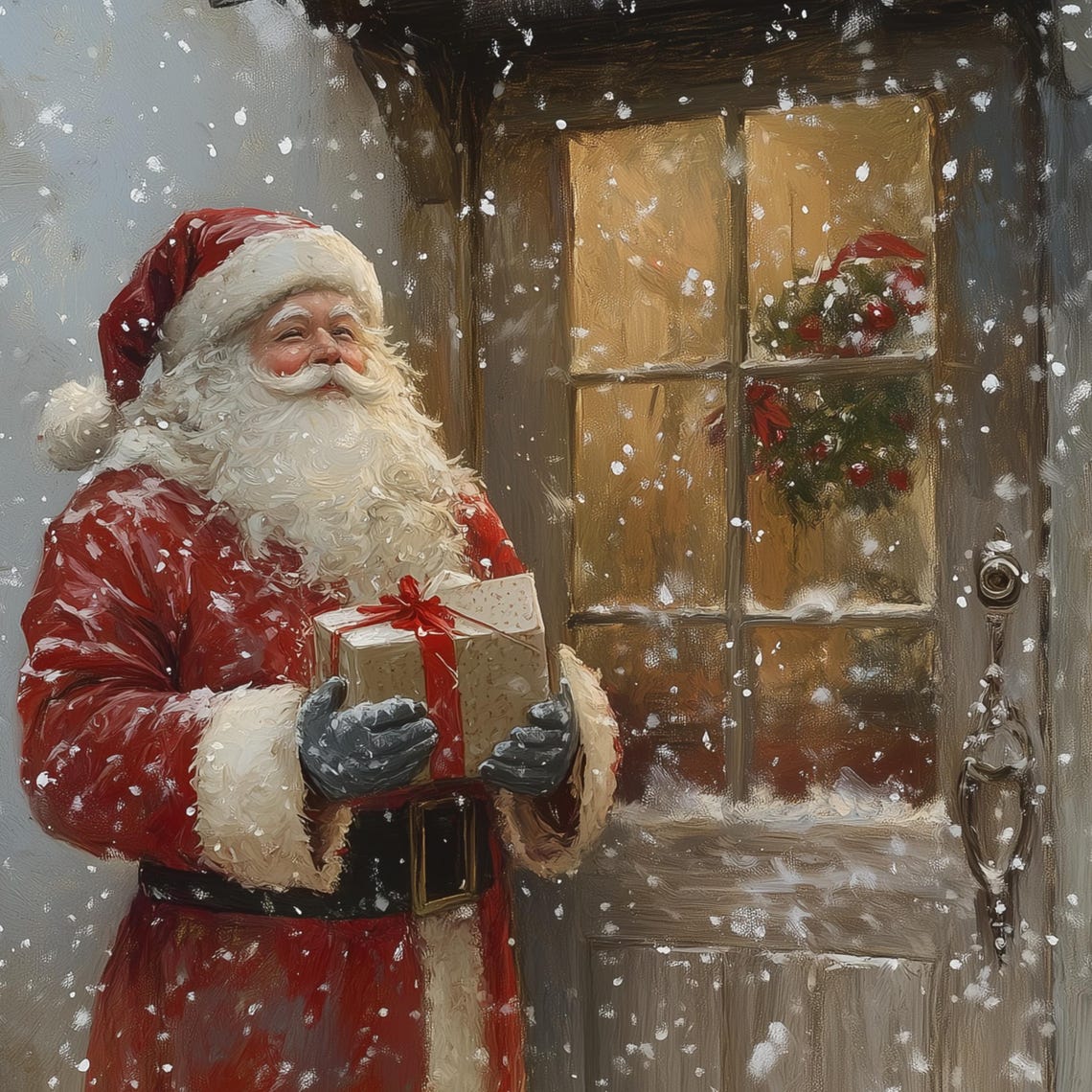 Santa Claus Leaving Gifts At A Doorstep On A Snowy Evening Poster - Image 3