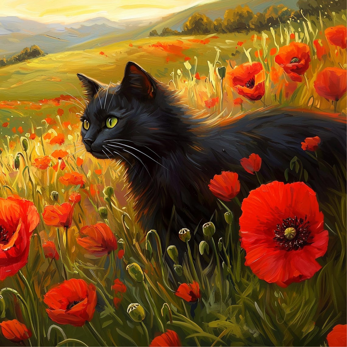 Black Cat Wandering Among Red Poppies in a Sunset Meadow Poster - Image 2