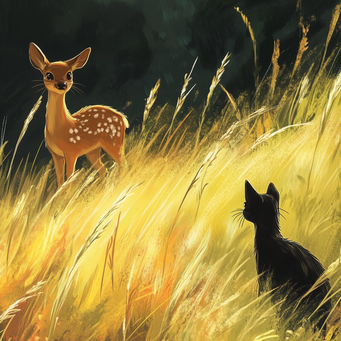 Black Cat And Fawn Poster Golden Wheat Field Wildlife Friendship Art - Image 3