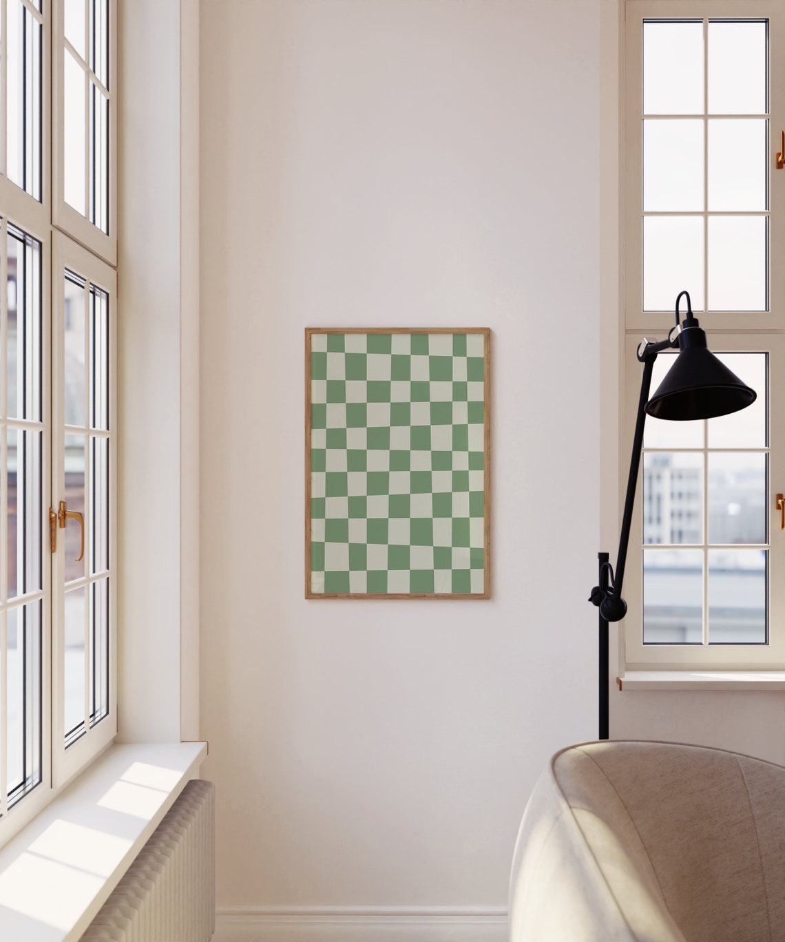 Sage Green White Checkerboard Fresh Airy Retro Pattern Art Poster