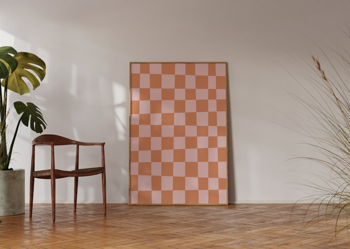 Coral Peach Checkerboard Playful Retro Hand Drawn Pattern Poster - Image 4