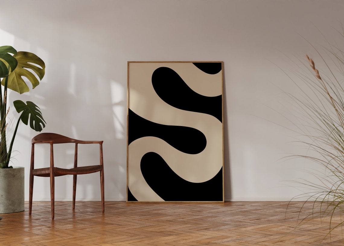 Black And Beige Wavy Curves Abstract Bold Minimalist Art Poster - Image 4
