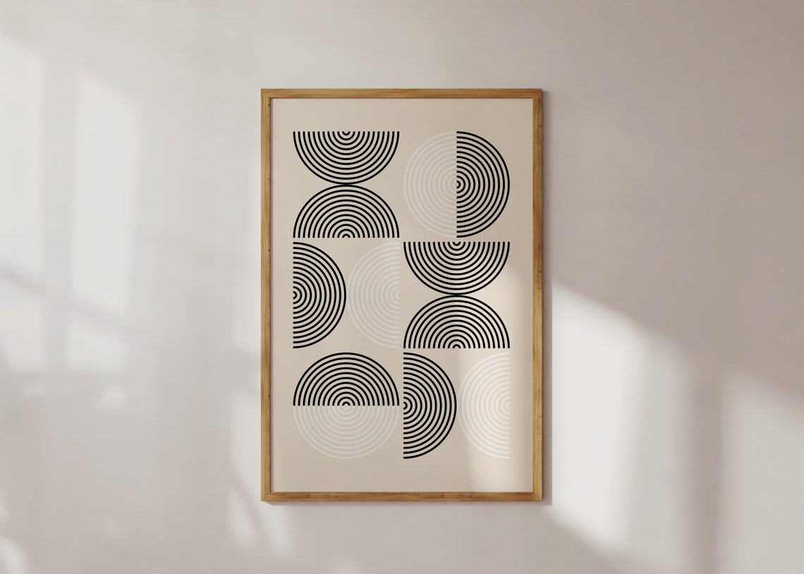 Mid Century Modern Bauhaus Semicircle Grid Black Beige Wall Poster