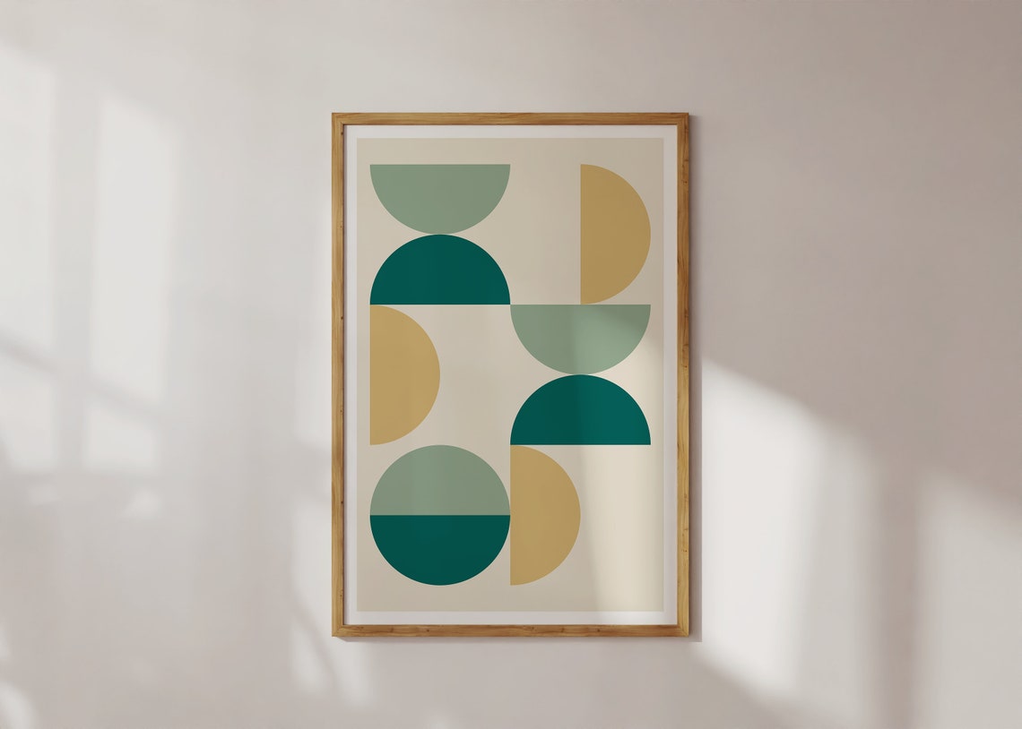 Teal Gold Crescent Geometric Mid Century Modern Abstract Poster