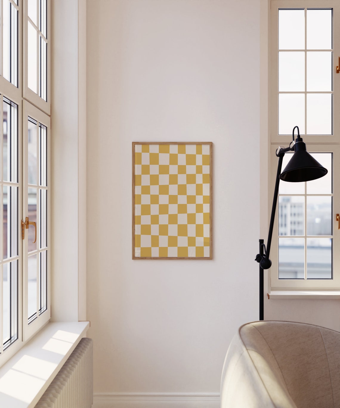 Mustard Yellow White Checkerboard Bright Retro Pattern Poster