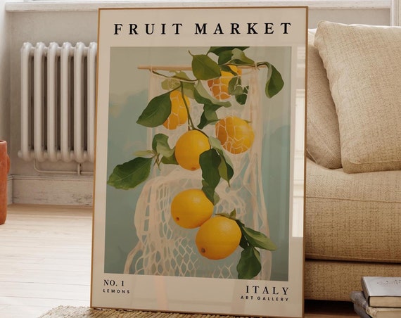Lemon Poster Fruit Market Print Italian Amalfi Lemons Yellow Wall Art Kitchen Wall Decor Gift For Her Fruit Food Art Painting