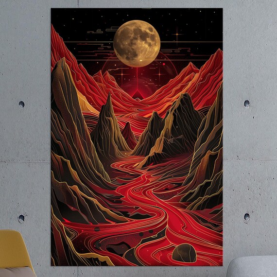 Surreal Red River Flowing Through Dark Mountains Full Moon Night Wall Art