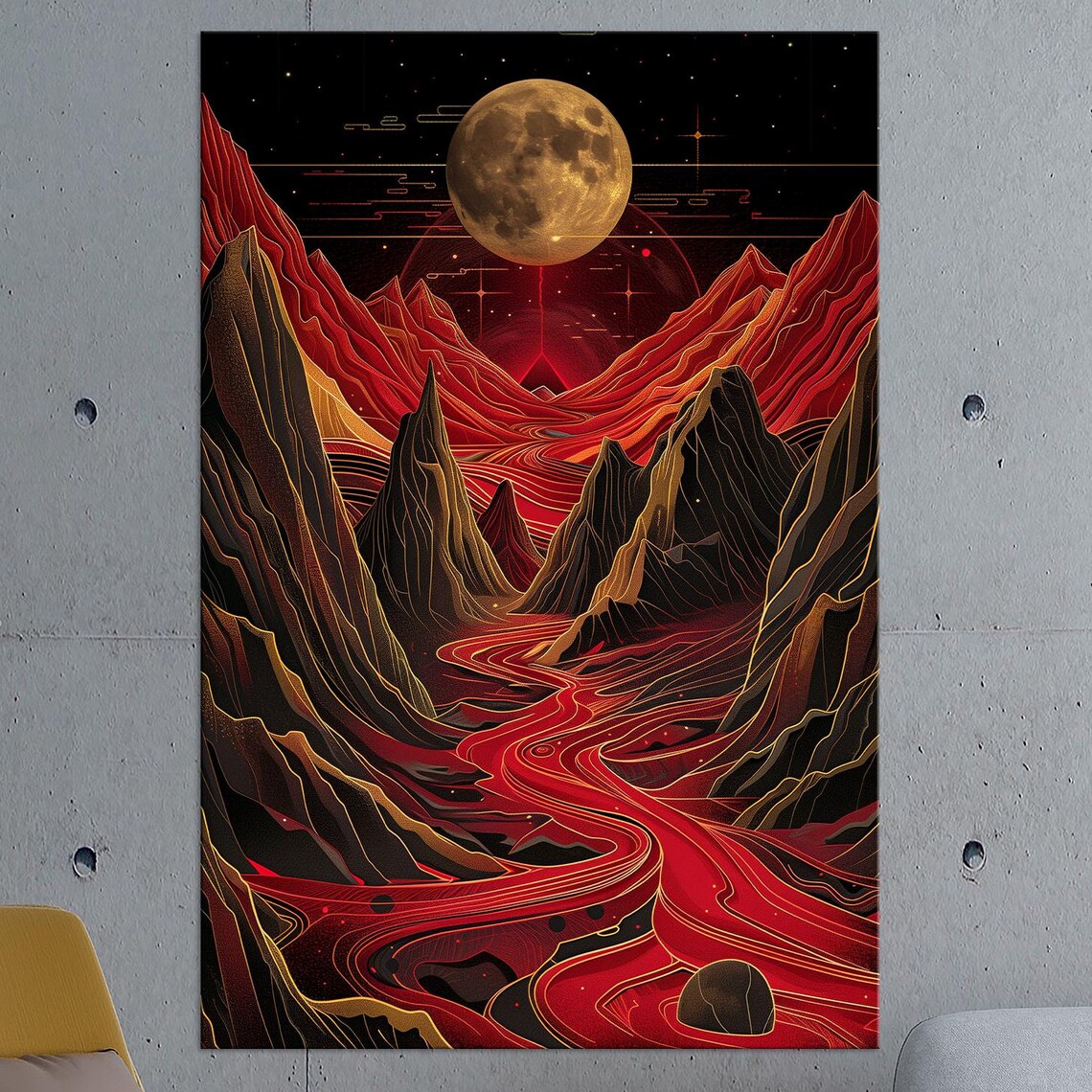 Surreal Red River Flowing Through Dark Mountains Full Moon Night Wall Art