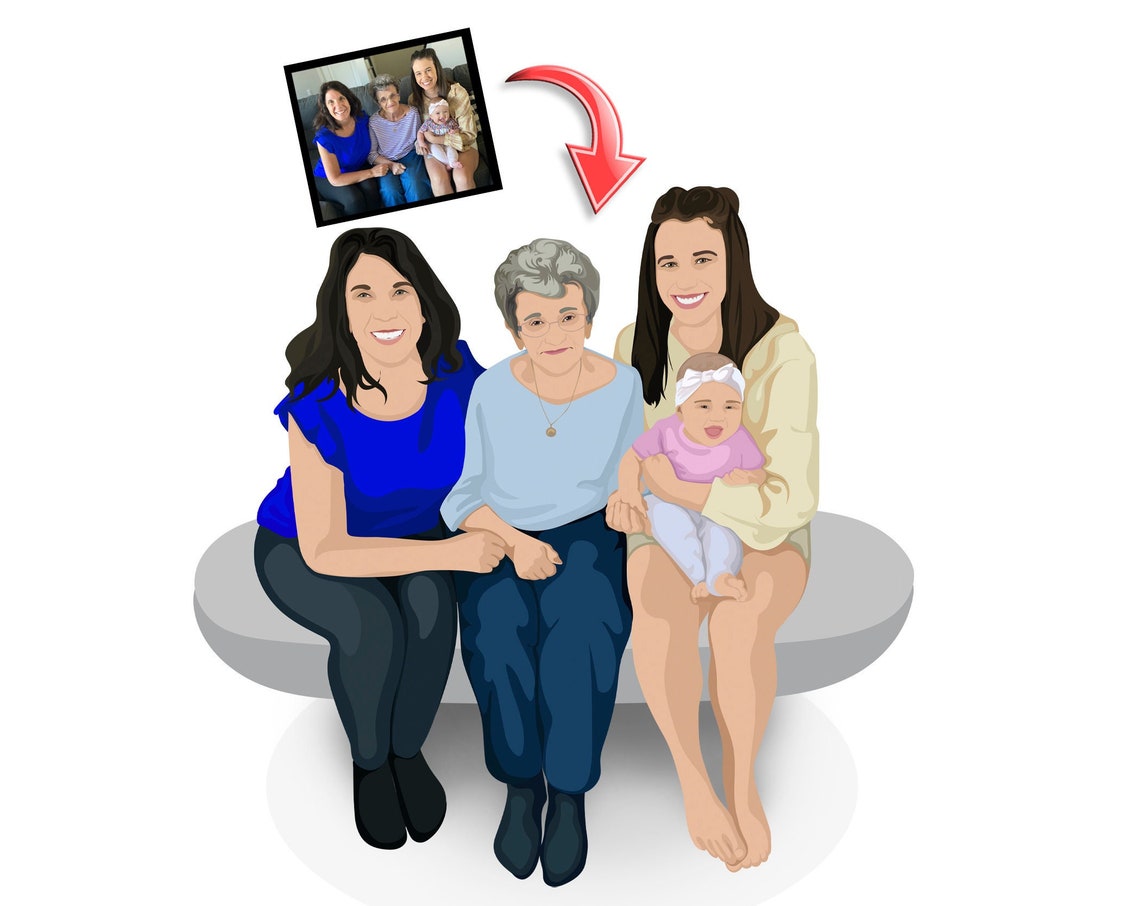 Custom Grandmother Grandkids Caricature Portrait From Photo Poster - Image 5