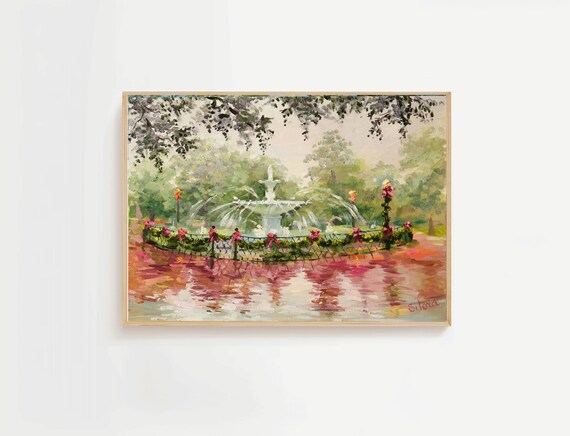 Forsyth Park Fountain Christmas Painting Savannah Georgia Poster