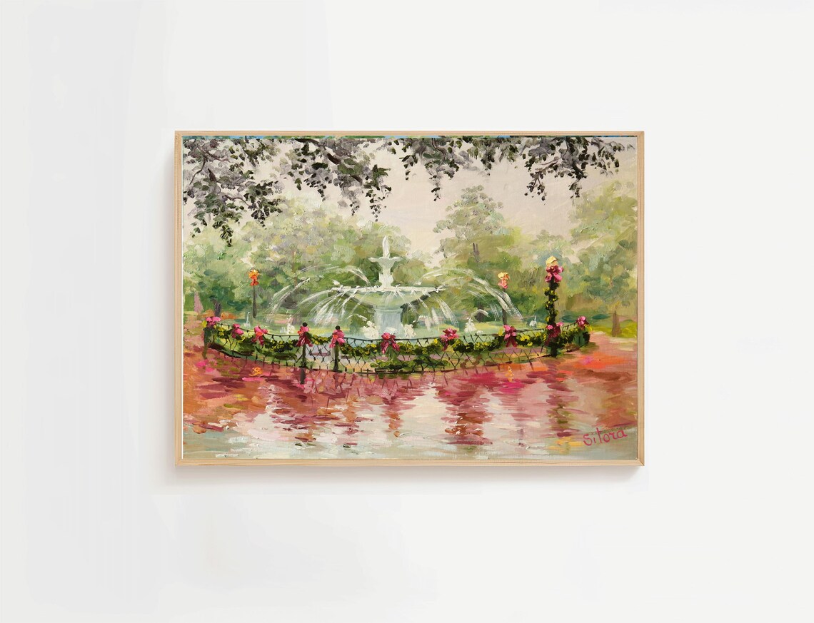 Forsyth Park Fountain Christmas Painting Savannah Georgia Poster