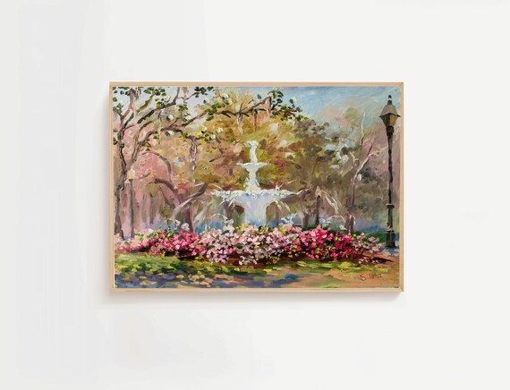 Park Fountain with Azaleas and Vintage Lamppost Watercolor Art Poster