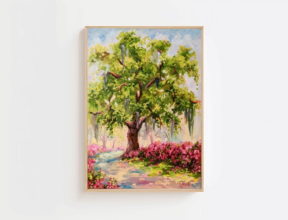 Moss Draped Live Oak with Pink Azaleas Spring Watercolor Art Poster