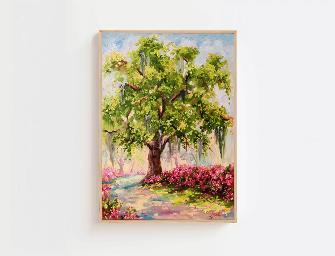 Moss Draped Live Oak with Pink Azaleas Spring Watercolor Art Poster
