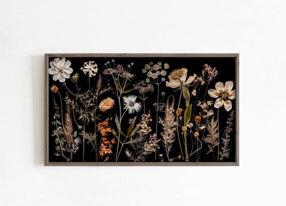 Pressed Wildflowers Black Background Delicate Botanical Art Poster