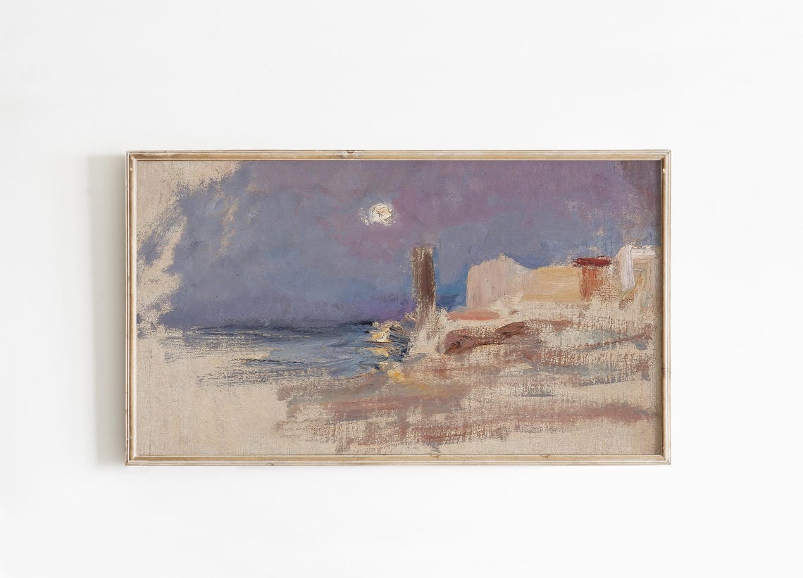 Moonlit Coastal Town Evening Impressionist Seascape Painting Poster