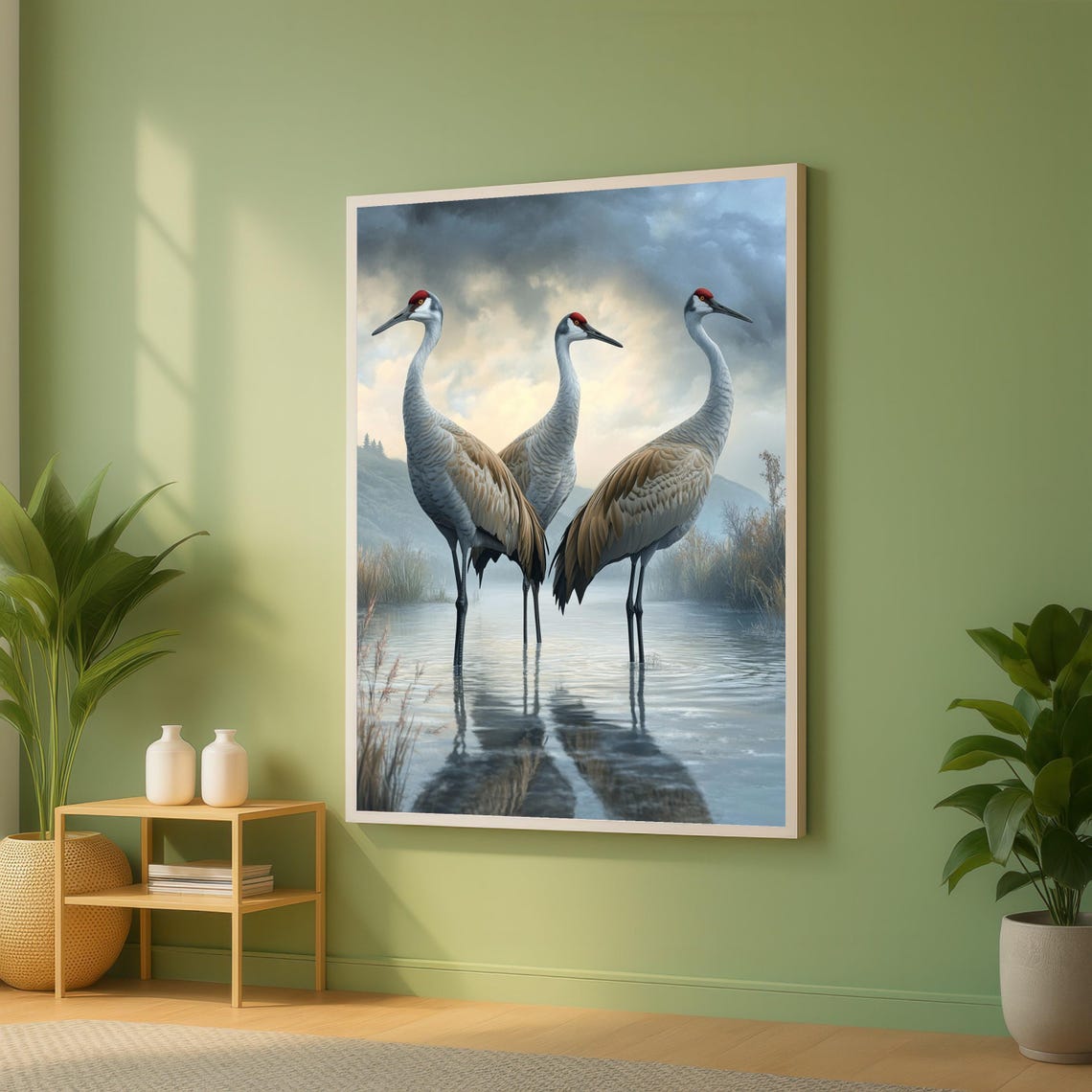 Three Sandhill Cranes in Misty Marsh Water Wildlife Bird Poster
