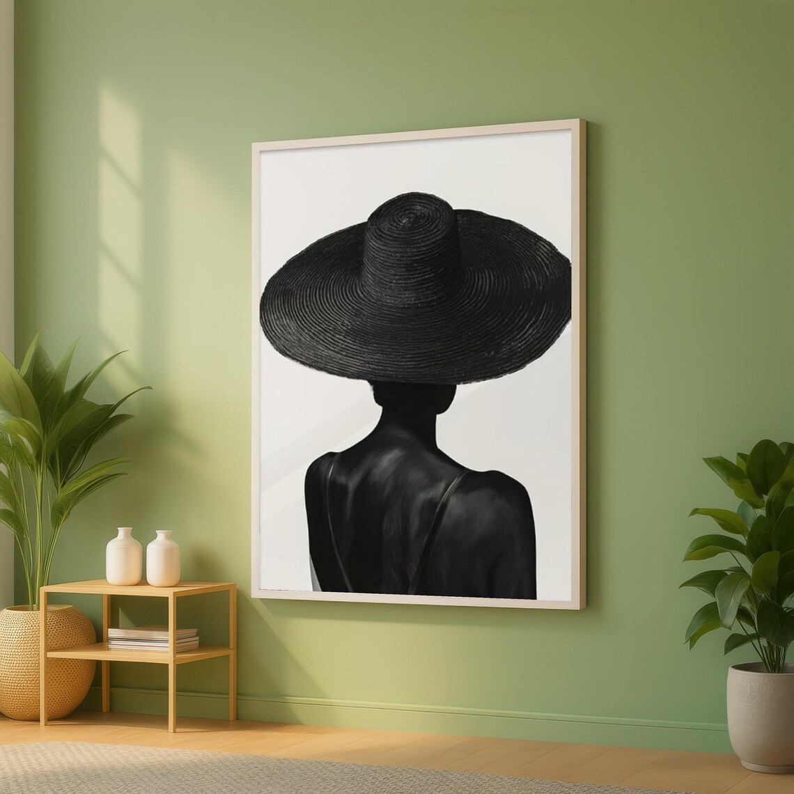 Elegant Woman Wide Black Hat Back View Fashion Portrait Poster