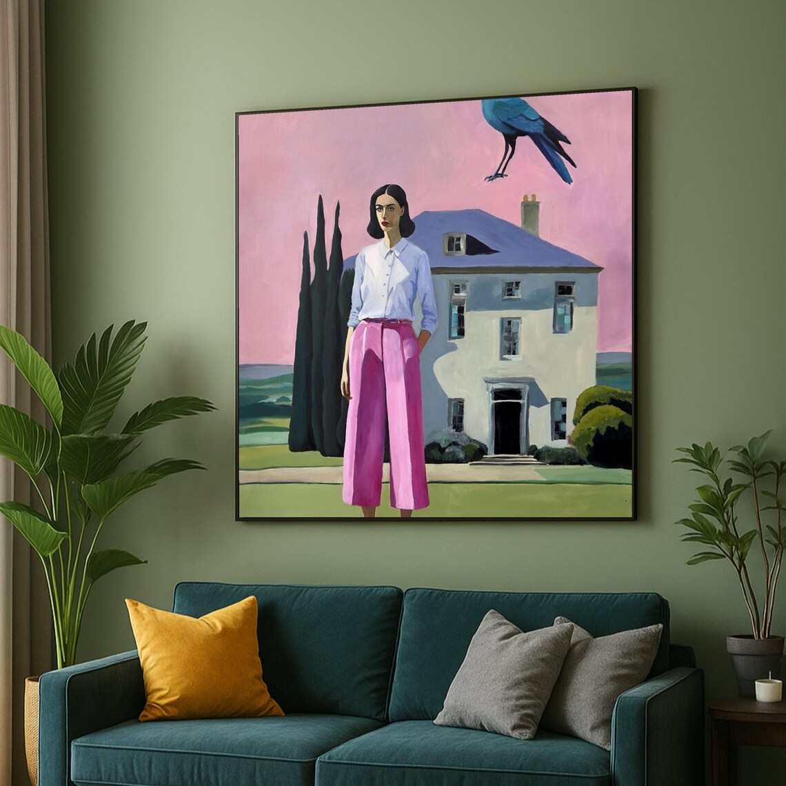Surreal Woman in Pink Pants Blue Bird Pink Sky Figurative Art Poster