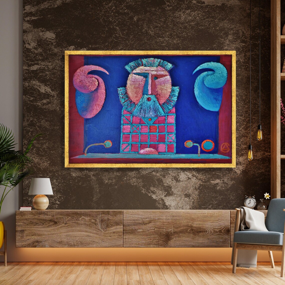 Abstract Tribal Face Mask Geometric Blue Pink Modern Art Print