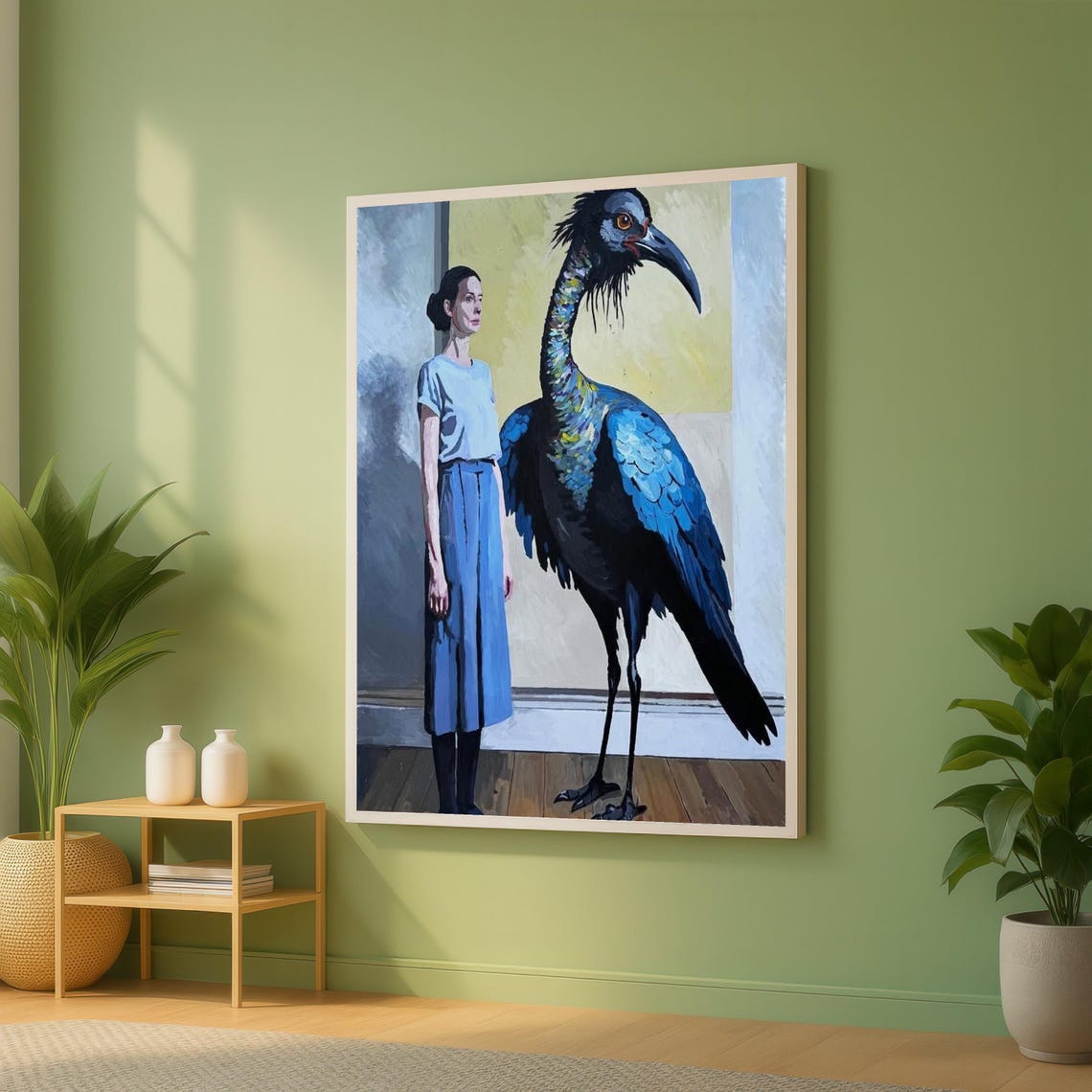 Surreal Woman Standing With Giant Blue Bird Figurative Poster