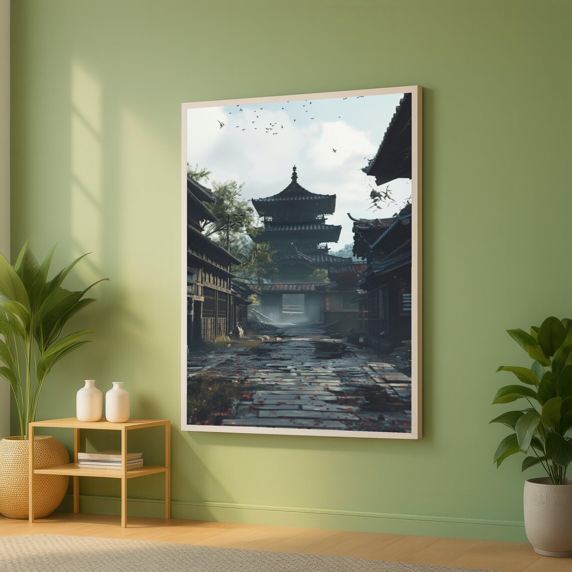 Serene Japanese Pagoda Temple Street Cinematic Photo Art Poster