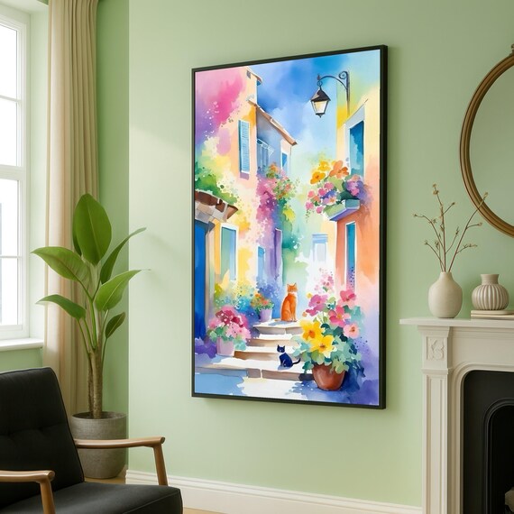 Colorful Mediterranean Alleyway With Cats And Flowers Watercolor Poster