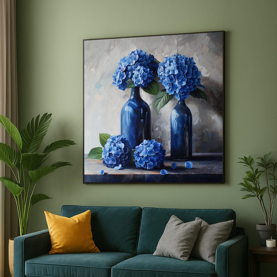 Blue Hydrangeas In Dark Bottles Elegant Still Life Art Poster