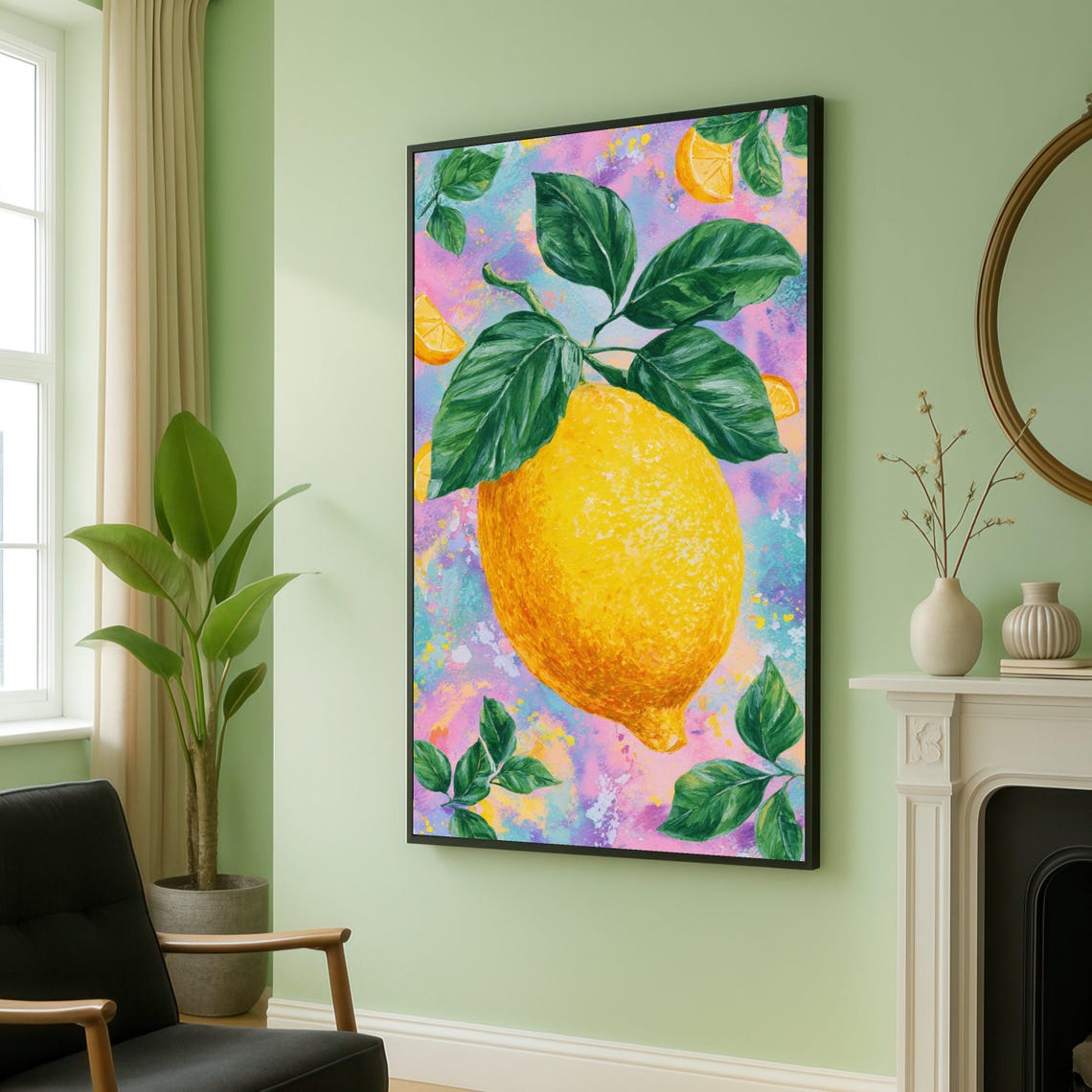 Vibrant Lemon Citrus Fruit Painting Pink Botanical Kitchen Poster