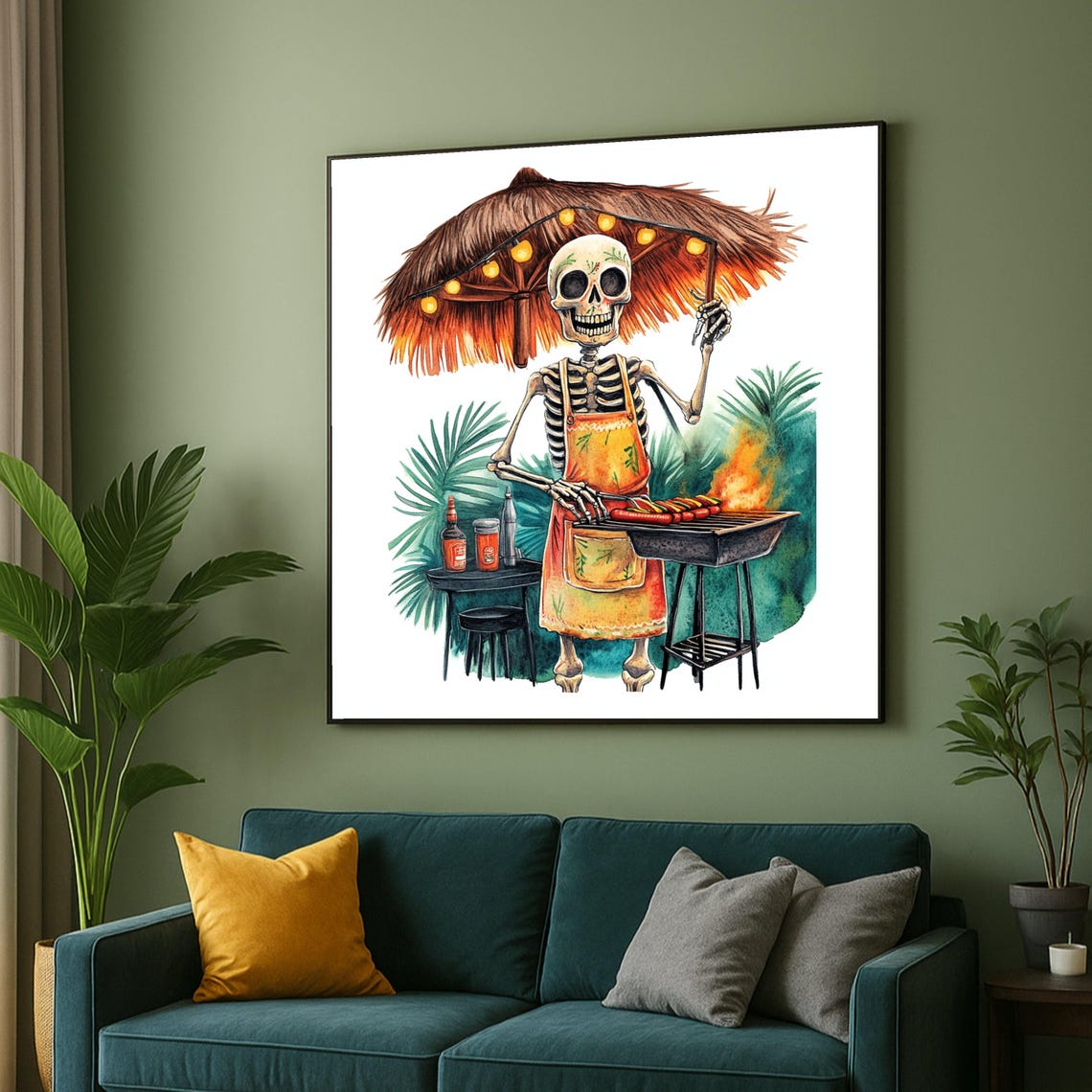 Playful Skeleton Bbq Art Tropical Grill Canvas Quirky Summer Wall Decor Humorous Cooking Outdoor Party Decoration