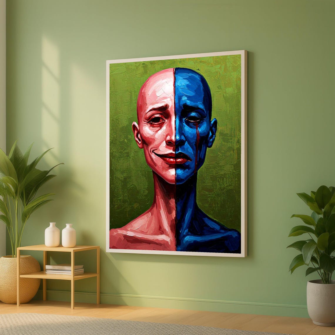 Dual Emotion Split Face Red And Blue Abstract Portrait Poster