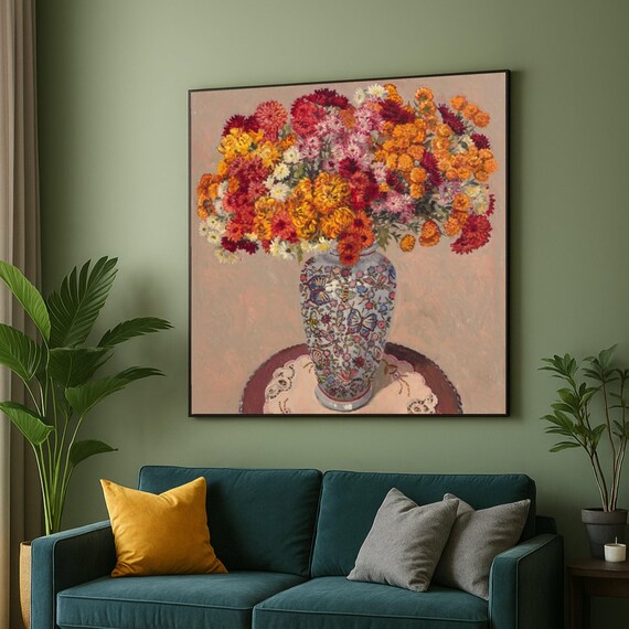 Vibrant Chrysanthemum Bouquet Butterfly Vase Vintage Still Life Poster