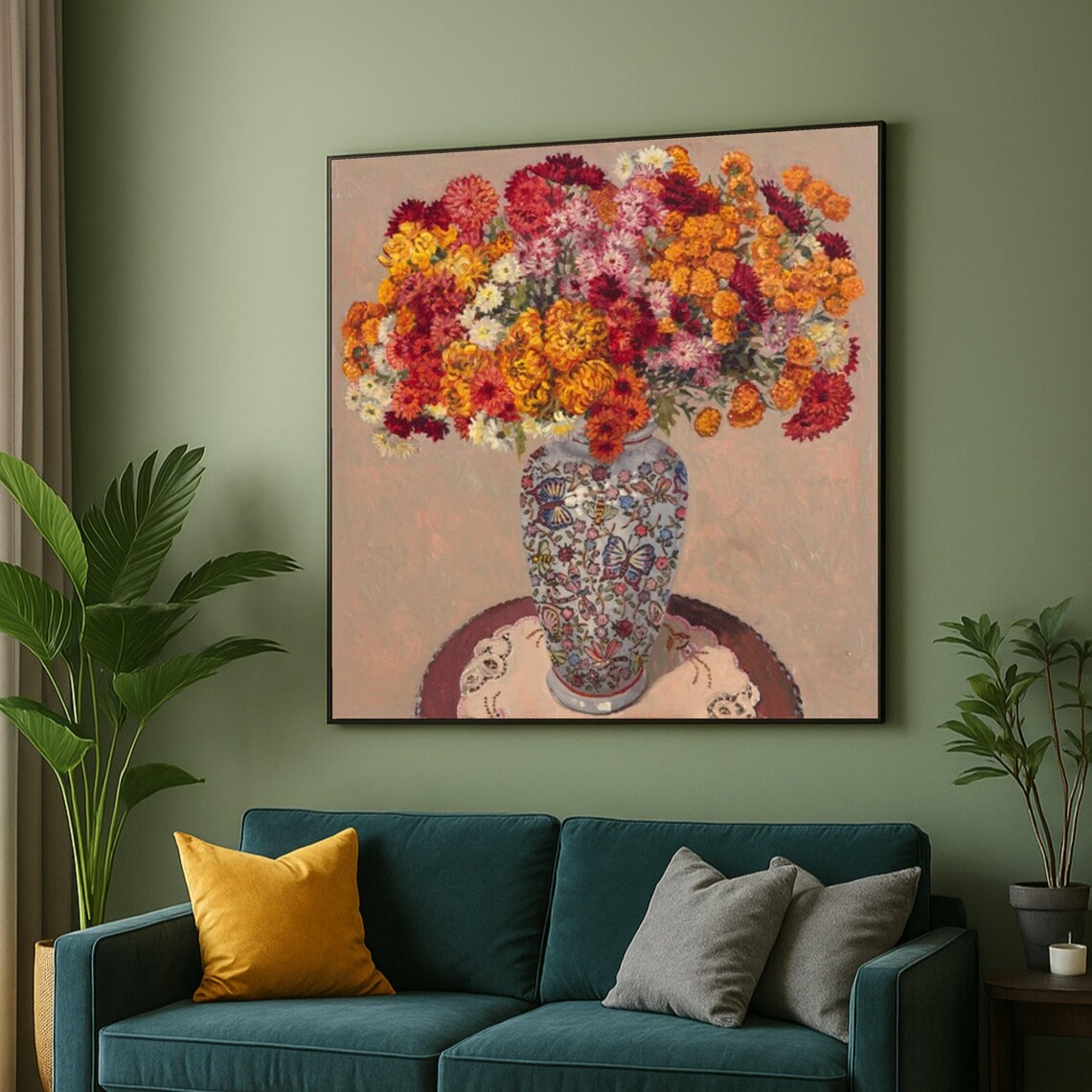 Vibrant Chrysanthemum Bouquet Butterfly Vase Vintage Still Life Poster