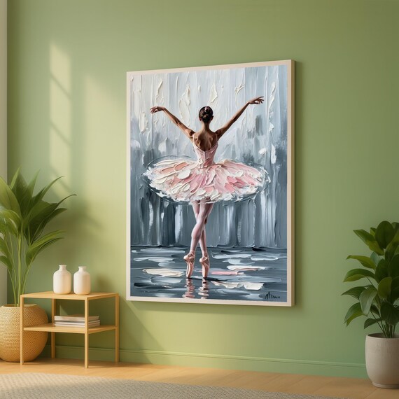 Elegant Ballet Dancer Canvas Wall Art Pink Tutu Dance Painting Modern Decor Impasto Style Contemporary Home Decoration