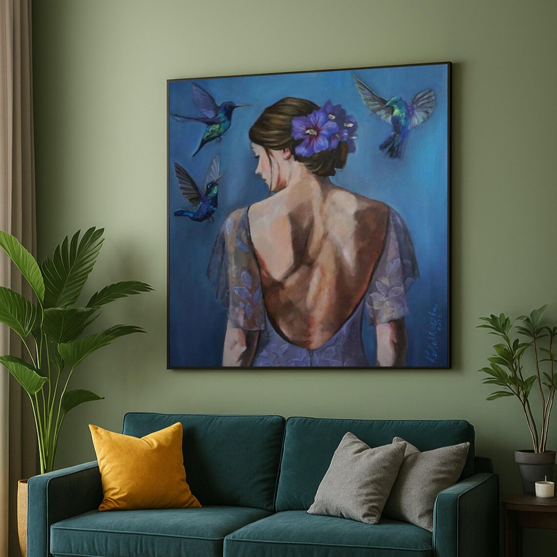 Woman With Purple Flowers And Hummingbirds Romantic Painting Print