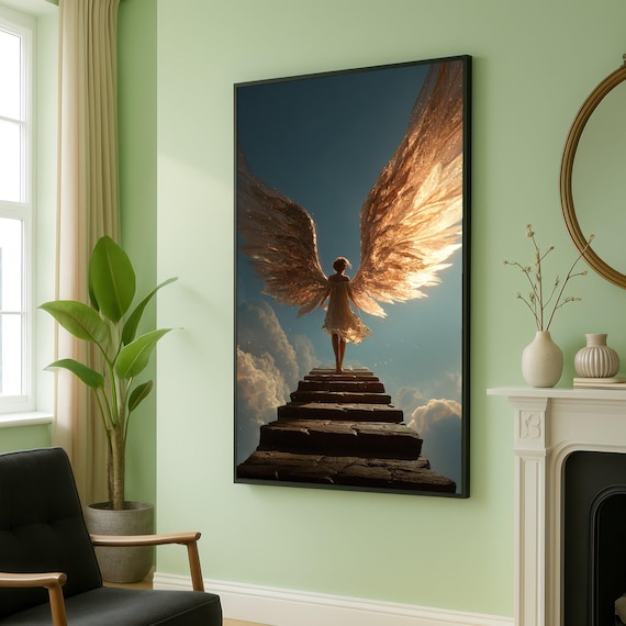 Angelic Woman Golden Wings Heavenly Stairway Spiritual Art Poster