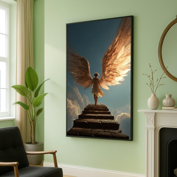 Angelic Woman With Golden Wings Canvas Spiritual Wall Art Heavenly Stairway Decor Inspirational Home Decoration Ethereal Fantasy