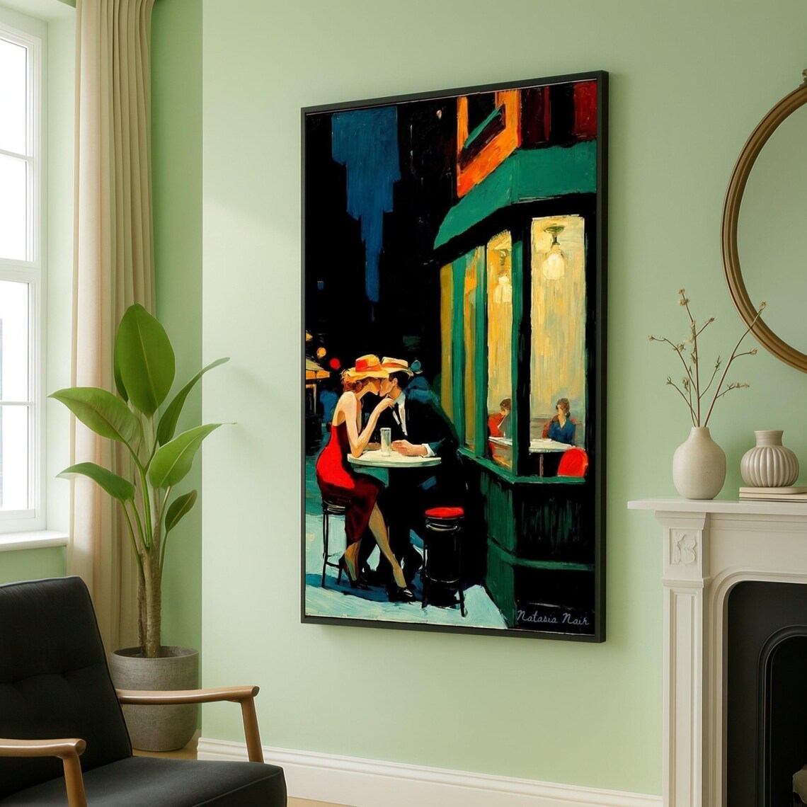 Romantic Night Kiss Outside Cafe Vintage City Painting Art Print