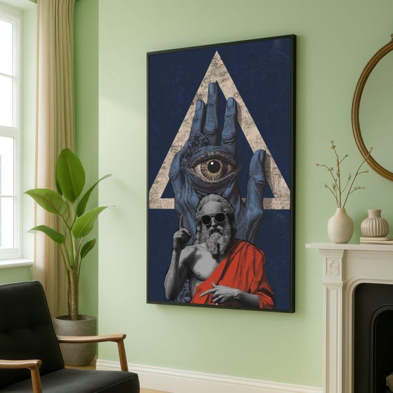 Surreal Ancient Philosopher Canvas Third Eye Hand Art Geometric Triangle Wall Modern Mythology Decor Unique Painting