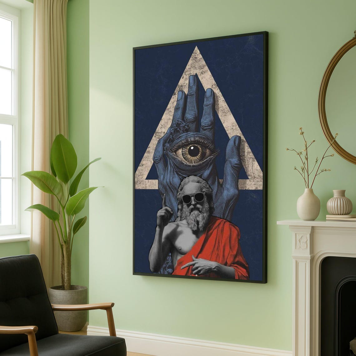 Surreal Ancient Philosopher Canvas Third Eye Hand Art Geometric Triangle Wall Modern Mythology Decor Unique Painting