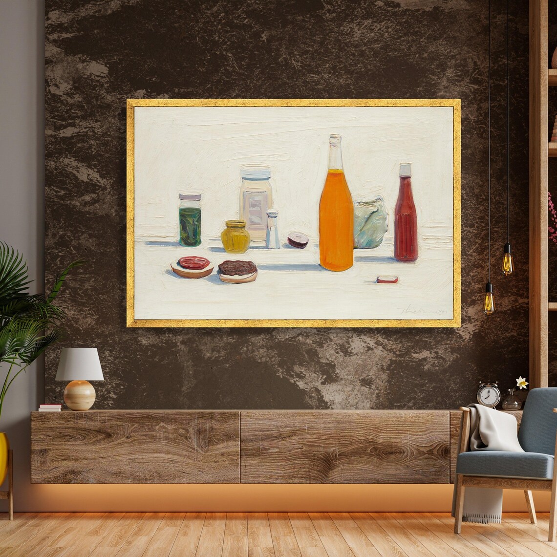Retro Condiment Bottles and Burger Buns Still Life Food Art Poster