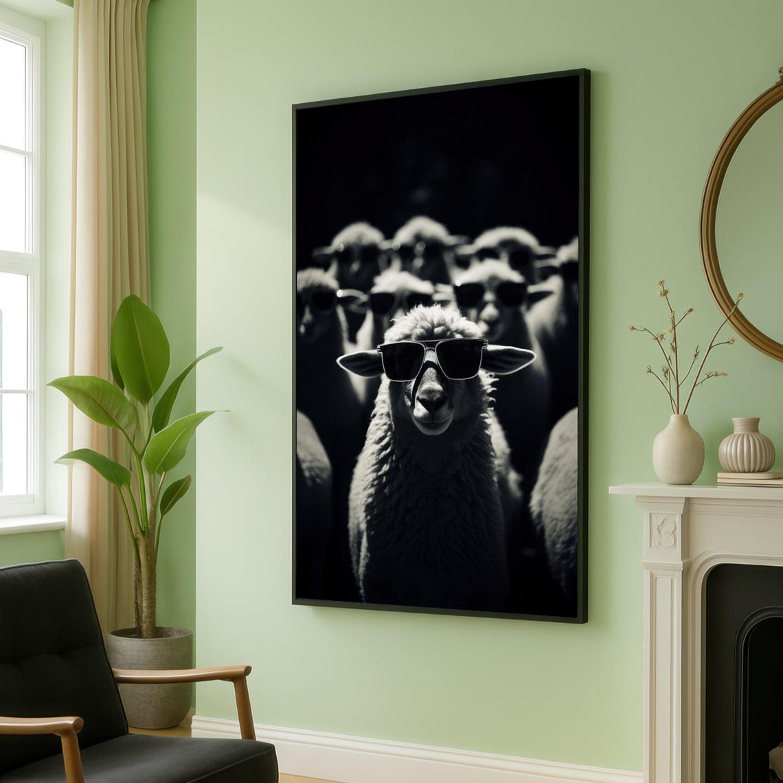 Funny Sheep Flock Wearing Sunglasses Black White Farm Poster