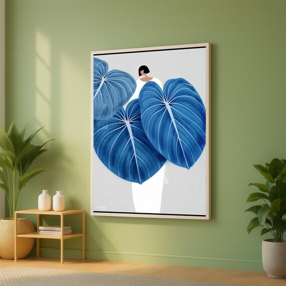 Modern Abstract Woman With Blue Leaves Canvas Minimalist Botanical Wall Art Contemporary Nature Illustration Home Decor Print